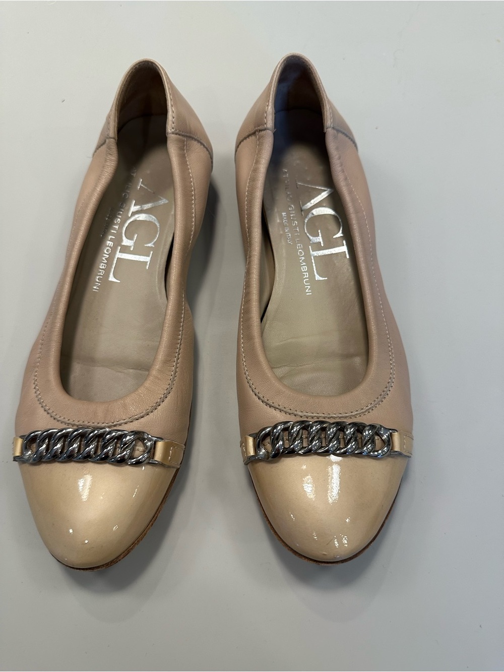 AGL Nude Leather Ballet Flats with Patent Toe and Silver Chain